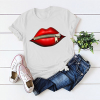 Moda damska Casual cekiny czerwona warga T-Shirt t-shirty 2020 Vintage kreatywność zipper usta T-Shirt,drop ship 2